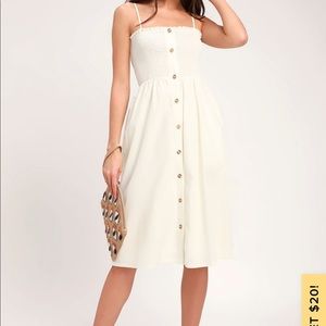 MADE TO LOVE CREAM SMOCKED BUTTON-FRONT MIDI DRESS